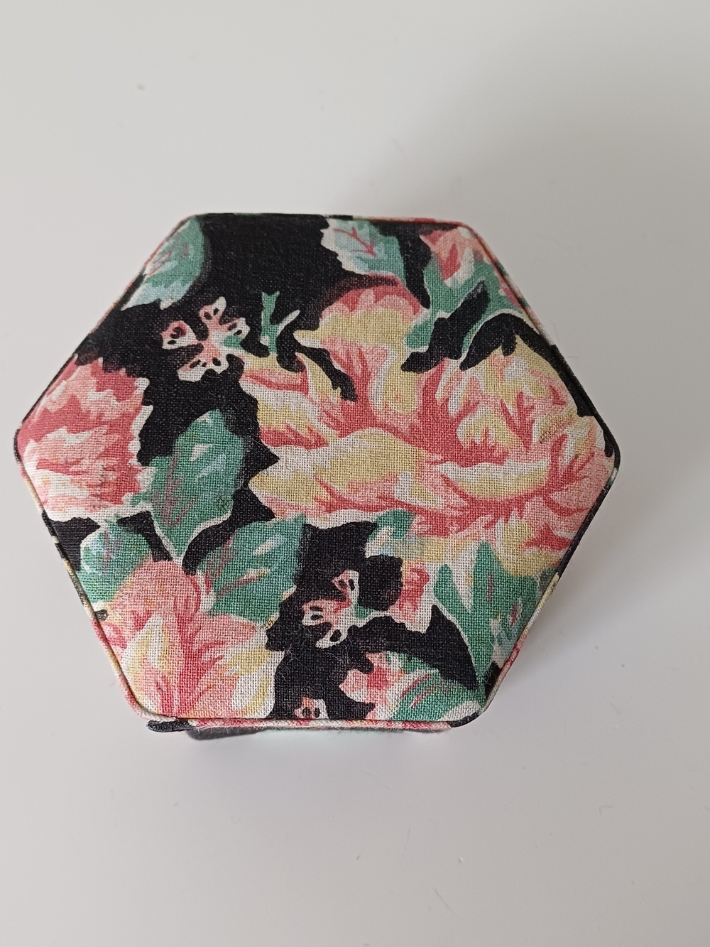 Hexagonal Floral Jewelry Box - Black with Pink & Green Blooms 3.5" x 2"